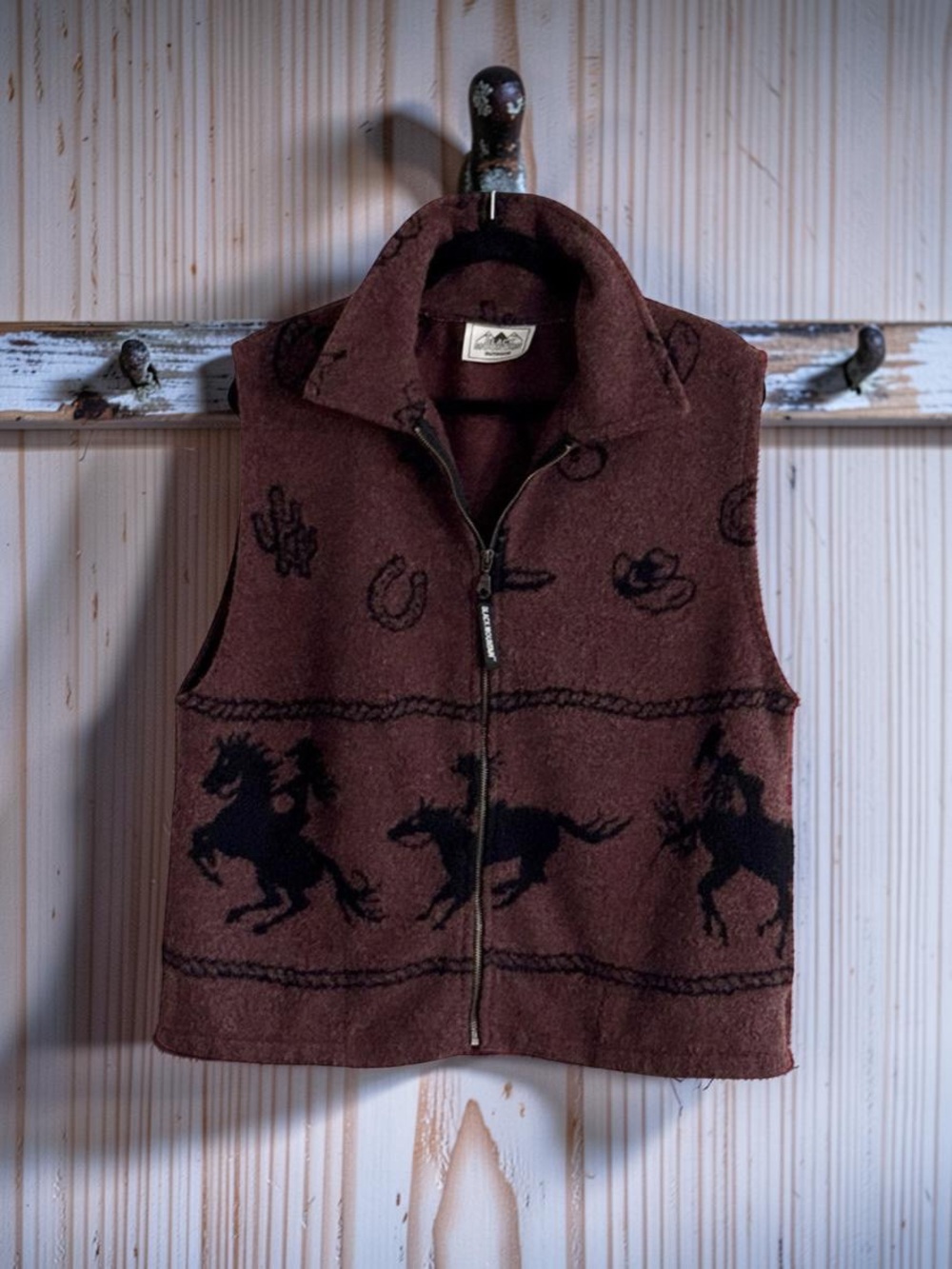 VTG 90s Black Mountain wool blend,Pile Fleece Full Zip Jacket Vest Horse 🐎 print